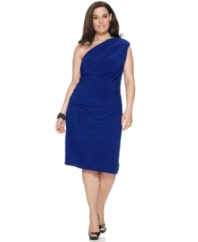 Jones New York's plus size dress plays up its sweet, elegant simplicity with a one-shouler silhouette and subtle ruching.