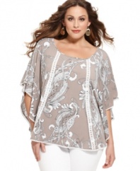 Add pop to your neutral bottoms with Style&co.'s butterfly sleeve plus size top, accented by a paisley print.