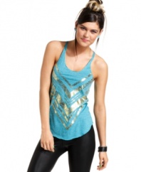A faded, metallic screen print lends vintage inspiration to this speckled tank from Material Girl! Toss the top on with a pair of leggings for a look that totally nails street-smart style.