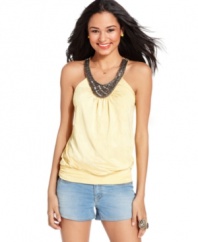 So cute: a beaded neckline adds chic embellishment to an easygoing blouson top from Sequin Hearts!