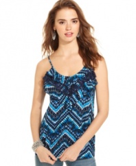 Add color magic to your trove of casual tops with this ruffled tank from Belle Du Jour!