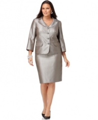 Nine West's latest plus size skirt suit shines, outfitted with a subtle check pattern and a lustrous sheen.