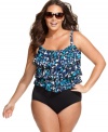 A wild animal print adds a sultry look to the tiered ruffles on Swim Solutions' plus size suit! Tummy control ensures a sleek silhouette, too.