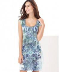 Fun prints on a roomy cut. One World's smocked scoopneck chemise is pretty and comfy.
