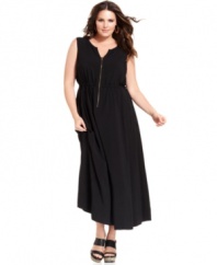 Be comfy and cool in DKYNC's sleeveless plus size maxi dress, featuring an exposed zip front-- it's a must-get for the season!