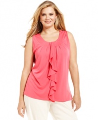 Add feminine frills to your casual wear with Jones New York Collection's sleeveless plus size top, finished by a ruffled front.