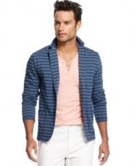 Layer up your casual look with this knit striped blazer from Sons of Intrigue.