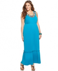 Lounge in the stylish comfort of NY Collection's sleeveless plus size maxi dress, beautifully accented by a beaded neckline.