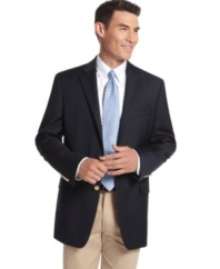 How do you take your tradition? Classic two-button blazer is as timeless as it is timely. Woven in natural stretch wool, it has a clean silhouette and handsome drape that moves with you. Stretch lining. Notch lapel. Chest welt pocket. Front flap pockets. Center back vent. Gold buttons.