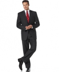 This smartly striped grey suit is handsomely tailored and perfect for the boardroom. Woven high quality wool, it has a fine feel and classic drape. Jacket features a notched lapel, chest welt pocket and front flap pockets. Four-button detail at cuff. Center back vent. Double-reverse pleated pant has quarter-top front pockets for a modern touch. Zip fly with extended-tab closure. Back besom pockets. Unfinished hem. Jacket and pant sold together.