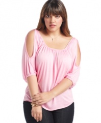 Snag one of the season's must-have styles with Soprano's three-quarter sleeve plus size top, flaunting shoulder cutouts.