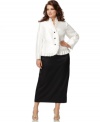 Jeweled buttons and a ruffled detail elevate this plus size Kasper skirt suit to stylish new levels. A column skirt that falls below the knee makes a statuesque silhouette.