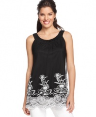 A sheer overlay with floral embroidery adds an extra feminine touch to this petite Alfani top.