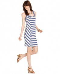 A striped dress is a summer staple! DKNY Jeans adds a stylish twist to this petite version with panels of diagonal stripes at the sides and a drop-waist silhouette.