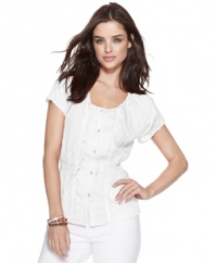 Rendered from crinkled cotton this pretty shirt from DKNY Jeans hugs your curves in the right places. A smocked waistband lends a little shape to this springtime essential.