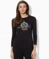 An iconic beaded and embroidered crest imbues this classic petite long-sleeved Lauren by Ralph Lauren tee in smooth cotton jersey with a chic heritage feel.