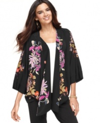 Alfani's petite jacket is full of exotic flourishes, from it's striking silhouette to its vibrant floral print.