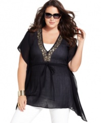 A sheer beauty: MICHAEL Michael Kors' short sleeve plus size top, finished by an embellished neckline and handkerchief hem.