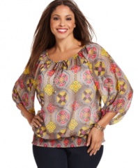 Capture a vivid bohemian spirit with Alfani's three-quarter-sleeve plus size peasant top, cinched by a smocked hem.