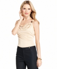 Calvin Klein's petite top adds an elegant spin to your office ensemble with a cowl neckline and straps gathered with luxe gold hardware. (Clearance)