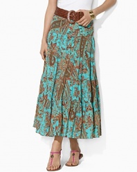 Intricate paisley on soft woven cotton exudes rich femininity in a flowing, tiered, long silhouette.