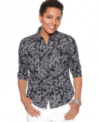 A good printed shirt solves so many wardrobe predicaments! Try this petite one from Karen Scott with slim-fitting white pants for a stylish seasonal look, then wear again with a colorful cardigan. (Clearance)
