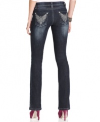 Rhinestones and embroidered back pockets give Earl Jeans' petite denim a style upgrade -- featuring a flattering bootcut fit and slimming dark wash.