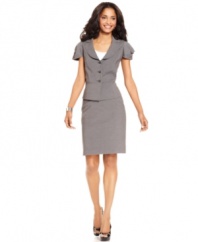 Nine West takes an office classic--the pinstripe--and outfits this stylishly proportioned petite jacket and skirt with it. Seamed details and pleated sleeves give this petite skirt suit flattering, structured appeal.