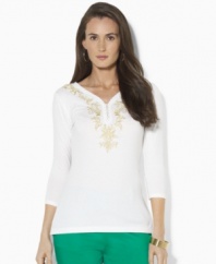 Rendered in a chic tunic length, Lauren by Ralph Lauren's petite top is crafted from soft cotton and finished with delicate embroidery at the neckline. (Clearance)