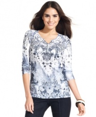 Style&co.'s petite Henley gets a major upgrade with a brilliant mix of prints and a sprinkling of shiny studs!