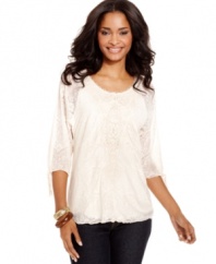 Crochet and lace inspiration abounds on this alluring petite top from Style&co., featuring sheer sleeves with drawstring cuffs. Adds a romantic vintage feel to your favorite jeans!