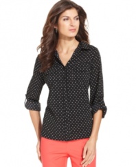 A feminine polka dot print prettifies this menswear-inspired petite shirt from Elementz. Wear it with brightly colored bottoms for fantastic contrast.