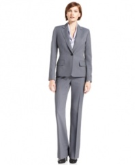 Turn to Anne Klein for a refined, feminine take on a petite pantsuit. This tailored classic features a tie-front charmeuse satin blouse, ensuring your look is always perfectly pulled-together.