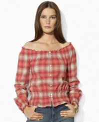 Lauren by Ralph Lauren's  soft woven cotton petite top channels western inspiration with a faded plaid pattern and smocked detailing.