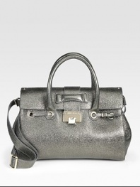 An iconic design in metallic pebbled leather with signature hardware and a detachable strap.Double top handles, 4½ dropDetachable adjustable shoulder strap, 11-23 dropFlip-lock flap closureProtective metal feetOne inside zip pocketOne inside open pocketSuede lining14W X 9½H X 8DMade in Italy