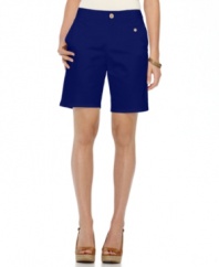 Step out in figure-flattering style: Dockers' new petite shorts are cut in a stylish bermuda silhouette and feature built-in tummy flattening features.