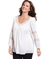 Infuse an airy feel to your casual wear with Charter Club's long sleeve plus size top, finished by crochet trim.
