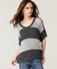 Wide stripes and an open knit give this petite sweater by Calvin Klein Jeans casual-chic appeal.