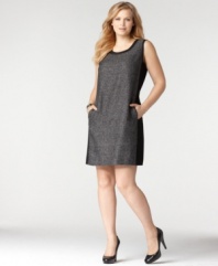 Let your style shine from desk to dinner with DKNYC's sleeveless plus size sheath dress, crafted from tweed with satin accents.
