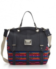 A modern interpretation of the classic Fair isle motif, this bag features eye-popping hues, geometric blackened gunmetal hardware and a preppy satchel silhouette. A great everyday look.