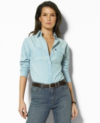 This Lauren by Ralph Lauren petite shirt offers polished style-tailored for a relaxed fit in ultra-soft cotton chambray.