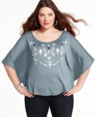 Let your spring style shine with ING's butterfly sleeve plus size top, flaunting a studded front.
