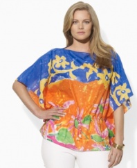 Embodying the breezy style of the tropics in a bright and bold batik print, Lauren by Ralph Lauren's airy cotton voile plus size top speaks volumes in a beautifully draped silhouette