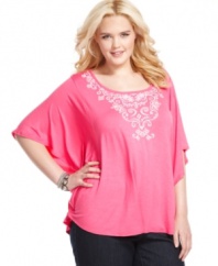 Renew your look for the season with Style&co.'s butterfly sleeve plus size top, accented by embroidery and rhinestones.
