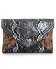 Get your groove-on and look like the rock star you are. This sleek, python print clutch from Carlos by Carlos Santana will be sure to take you center stage in style. The two-tone pattern is dressed up in a soft sheen finish, while signature charm and antique silver-tone hardware make it a hit.
