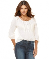 Rendered from lightweight cotton and featuring a vintage-inspired design, this petite DKNY Jeans top is a romantic classic!