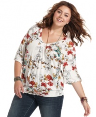 Land a sweet look with American Rag's three-quarter-sleeve plus size top, finished by a floral-print-- it's an Everyday Value!
