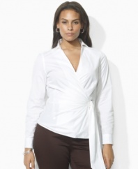 This sophisticated plus size wrap blouse from Lauren by Ralph Lauren is crafted in crisp cotton poplin and finished with chic gathering for a feminine silhouette.
