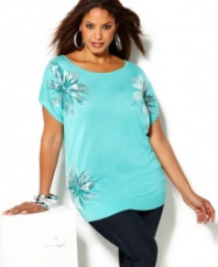 Show off your shimmer this spring with INC's short sleeve plus size top, flaunting a sequined floral design.