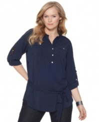 Get sophisticated casual style with Calvin Klein's long sleeve plus size top, cinched by a belted waist.